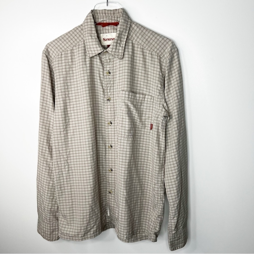 Simms Shirt Tan Plaid Checkered Button Down Fishing Outdoors Plaid Hiking Small